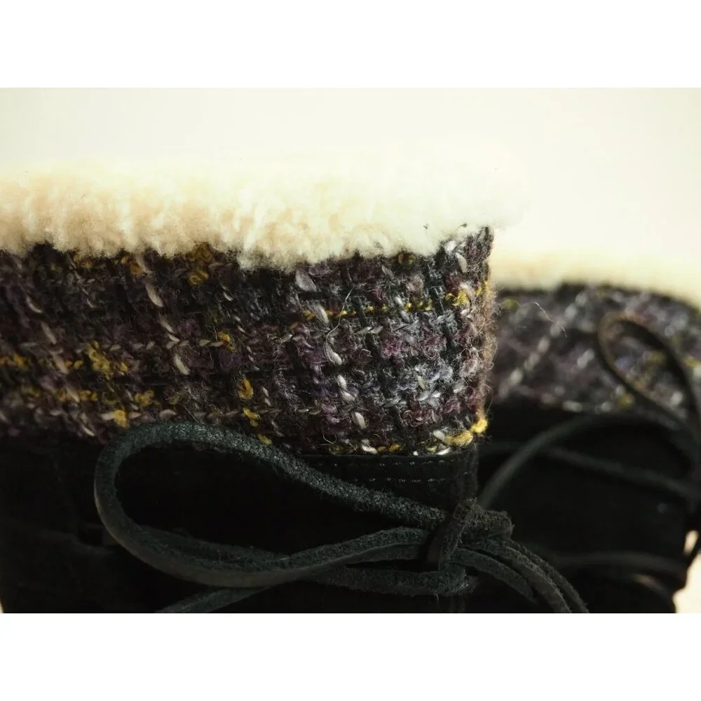 Ugg Black Leather Suede Tweed Cuff Sheepskin Lined Laced Boots, Size 9 (US)